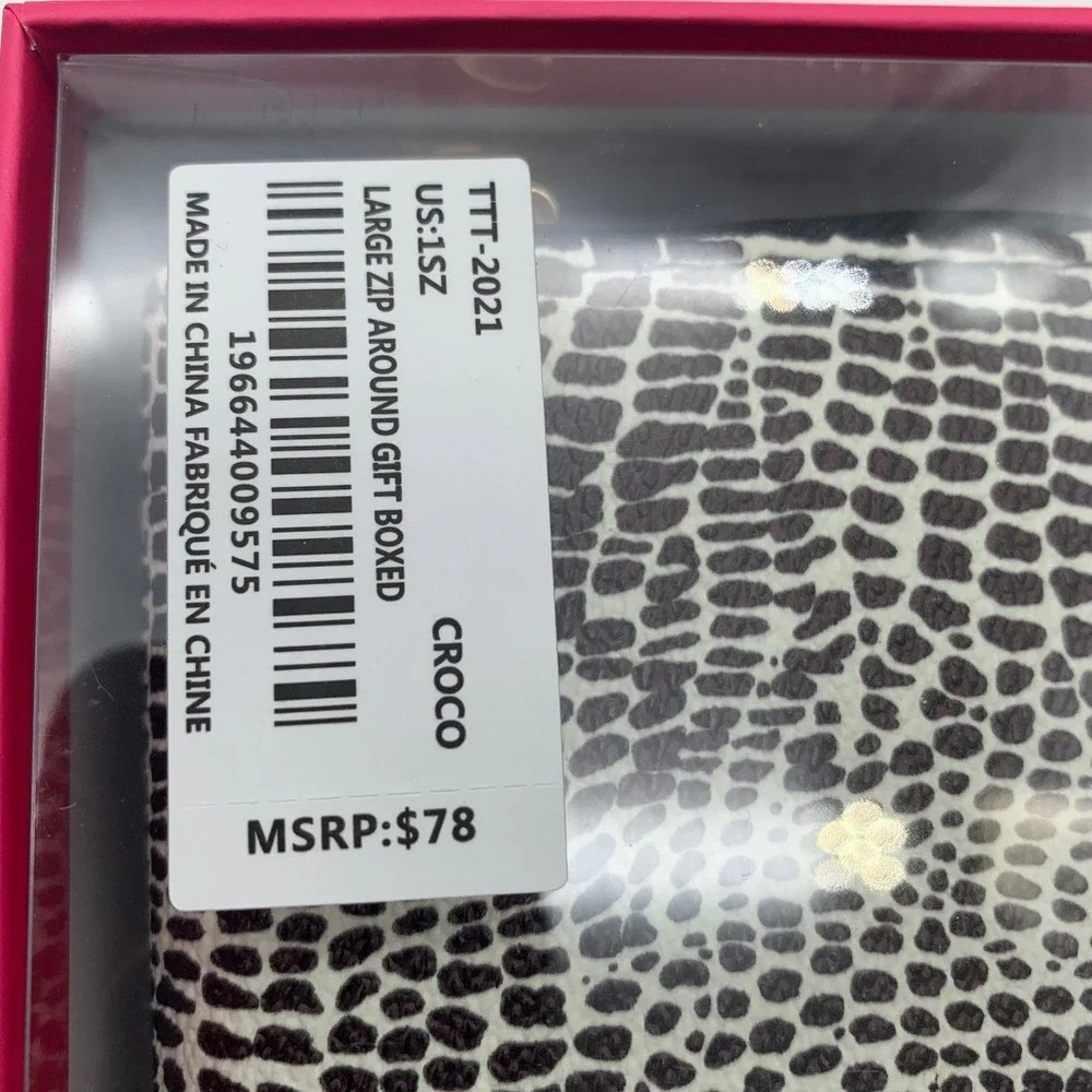 Trina Turk Wallet Womens Black White Croco Embossed Large Zip Around Gift Boxed‎